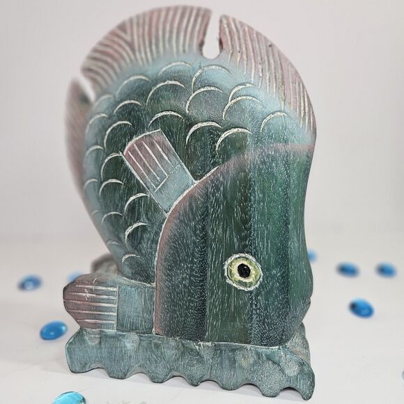 Vtg Nautical Hand Carved Thailand Wood Tropical Fish Hand Painted 3D Green Pink - Picture 5 of 12